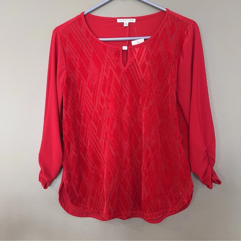 New! Notations Red Velvet Blouse – Petite Medium Perfect for Holidays & Parties